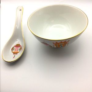 Vintage Chines Rice Miso Soup Bowl And Spoon Set